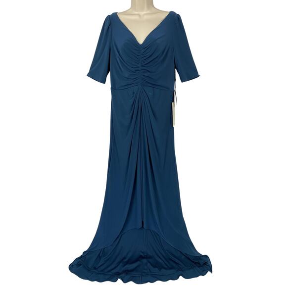 Adrianna Papell Dresses & Skirts - Adrianna Papell Dress Womens 12 Blue Ruched Puff Sleeve Hi Low Semi Formal Gown